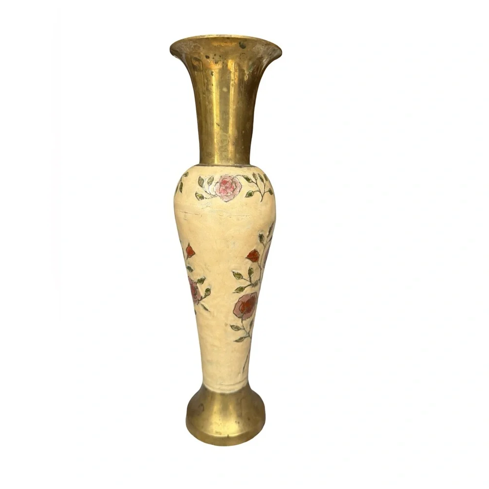 Solid Brass Decorative Vase With Enamel Hand Painted Floral Design 11”